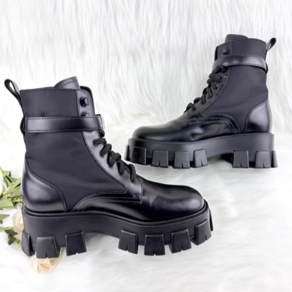 Prada Black Leather Lug-Sole Combat Boots with Removable Side Pouches - Picture 5 of 7